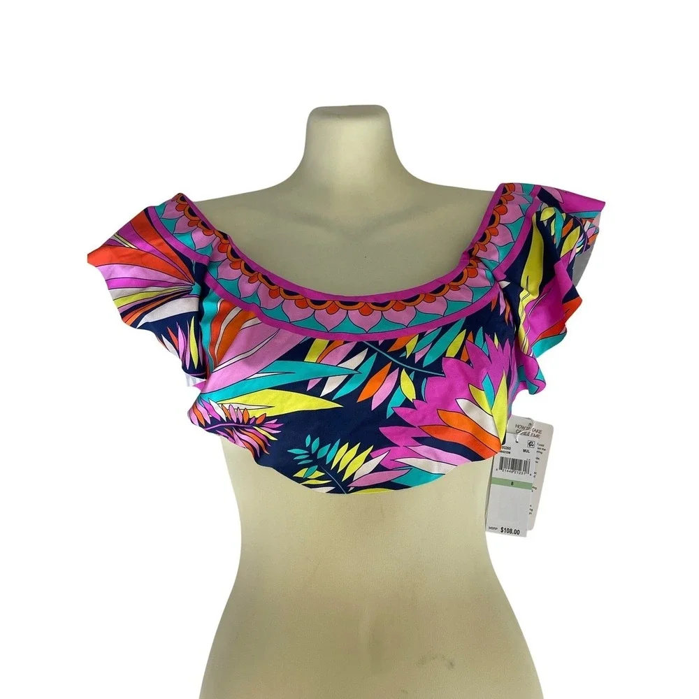 Trina Turk Paralia Ruffle‎ Off The Shoulder Bikini Swimsuit Top Women's Size 8